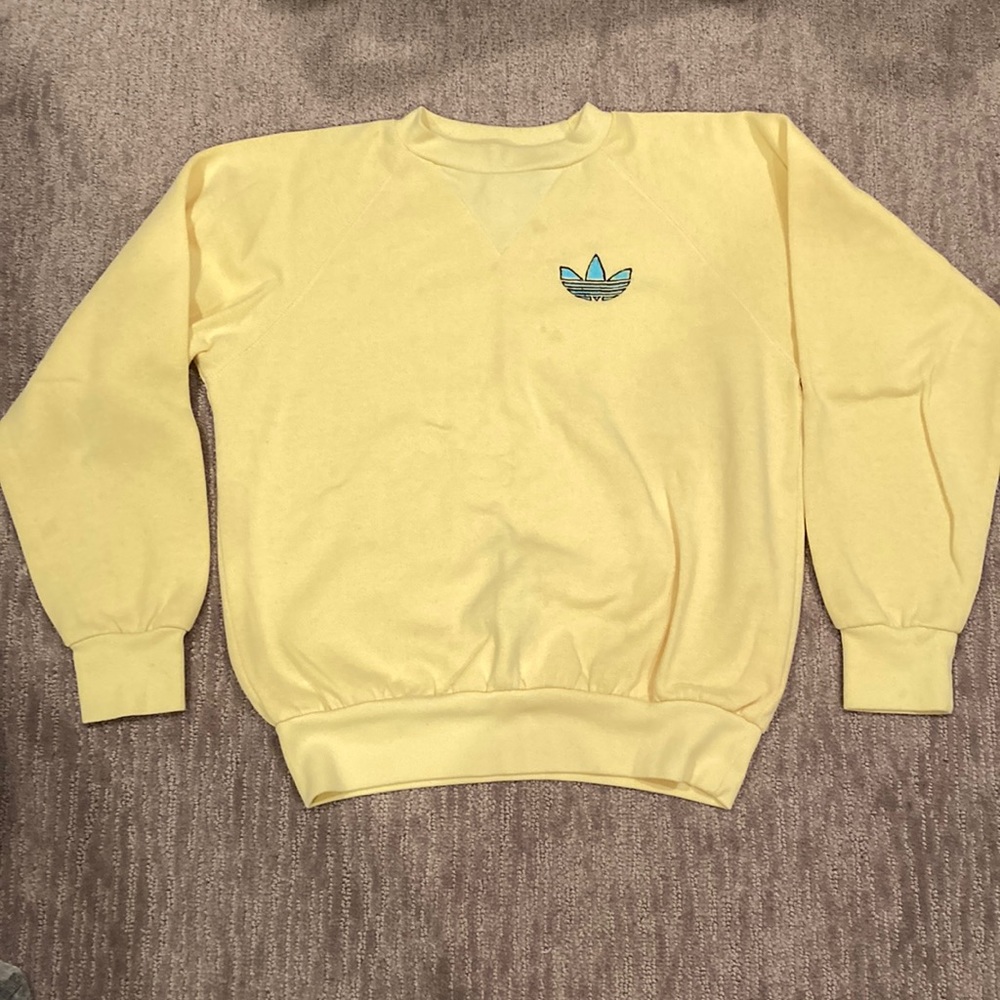 Vtg 80s adidas crewneck sweatshirt, yellow, Sz S?
